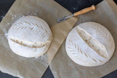 Scored High Hydration Sourdough Bread before baking.