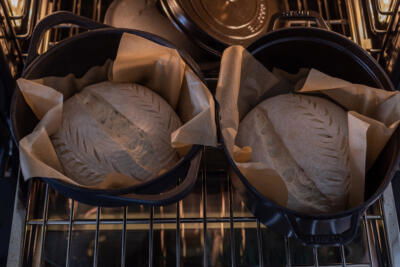 High Hydration Sourdough Bread in an oven.