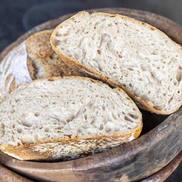 Sliced open High Hydration Sourdough Bread.