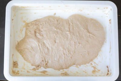 Sourdough in a dish after all ingredients added.