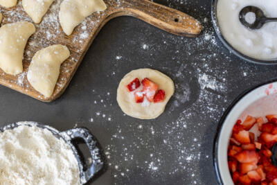 Strawberries with sugar in the center of the dough.