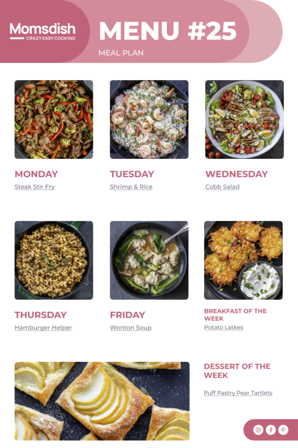 Weekly Menu items for all week.