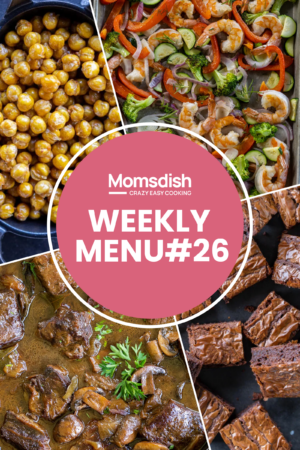 Images of four different dishes with writing in the center.
