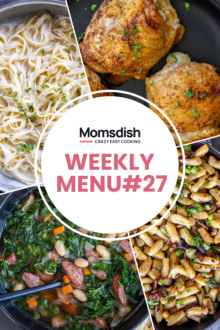 Images of four different dishes with writing in the center.