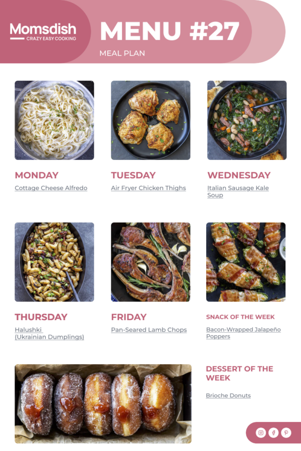 Weekly Menu items for all week.