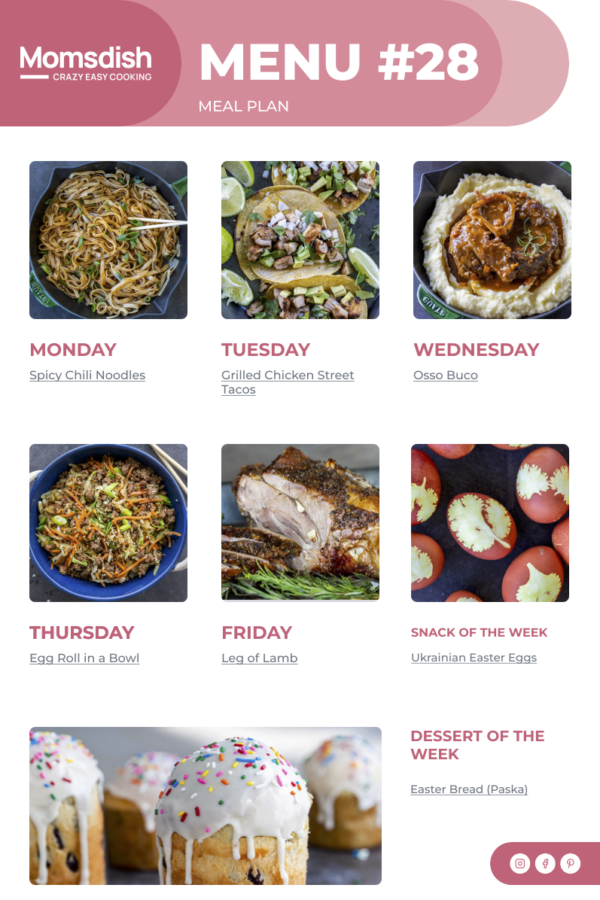 Weekly Menu items for all week.