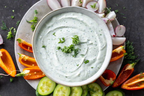 A bowl with Cottage Cheese Dip.