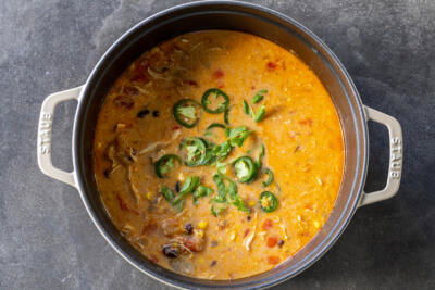 A pot of Creamy Chicken Taco Soup.