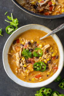 A bowl with Creamy Chicken Taco Soup.