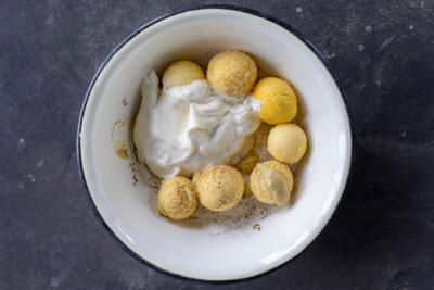 Yolks with seasoning and mayo.