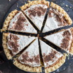Sliced French Silk Pie on a serving tray.