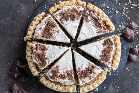 Sliced French Silk Pie on a serving tray.