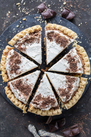 Sliced French Silk Pie on a serving tray.