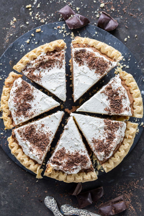 Sliced French Silk Pie on a serving tray. 