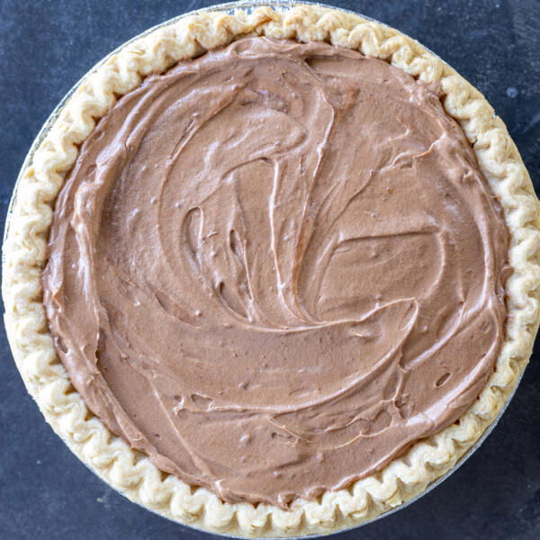 Baked pie crust with french silk pie filling.
