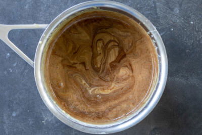 Chocolate and eggs in a pot.