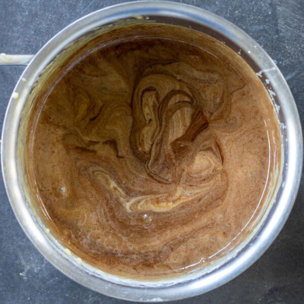 Chocolate and eggs in a pot.