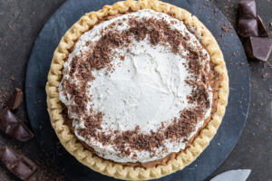 French Silk Pie on a serving tray.