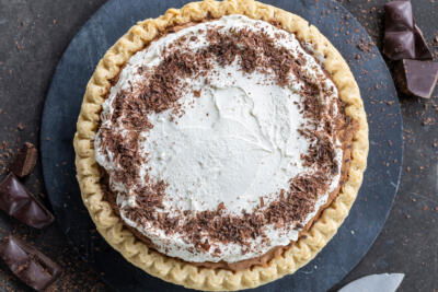 French Silk Pie on a serving tray.