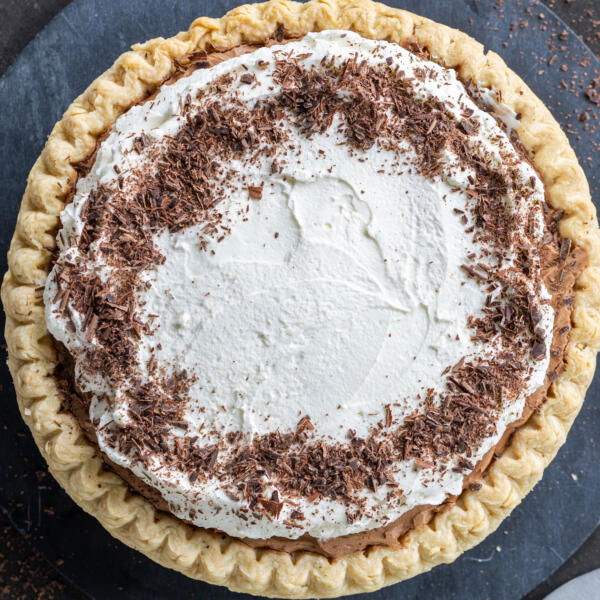 French Silk Pie on a serving tray.