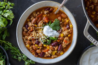 Turkey chili with toppings.