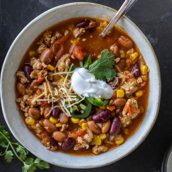 Turkey chili with toppings.