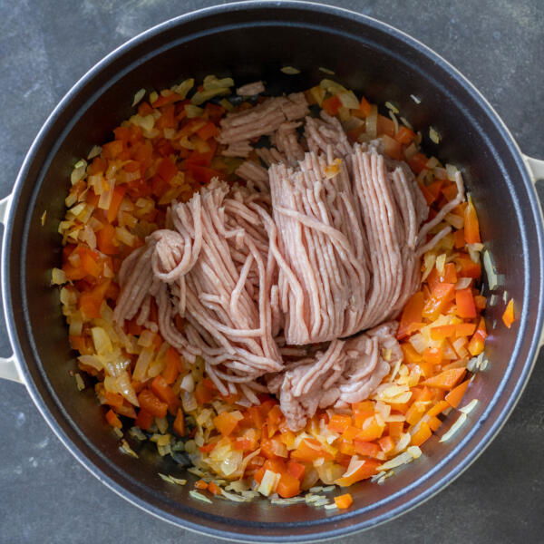 veggies with ground turkey cooking.