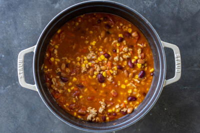 Cooked turkey chili in a pot.