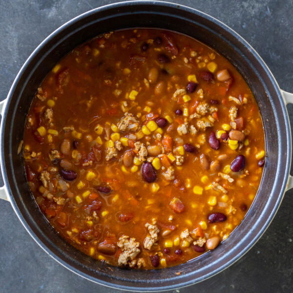 Cooked turkey chili in a pot.