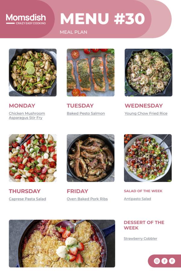 Weekly Menu items for all week.