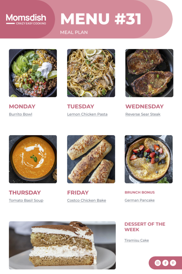 Weekly Menu items for all week.