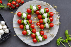 Skewer with tomato basil and mozzarella.
