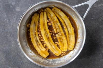 Classic Bananas Foster in a pan.