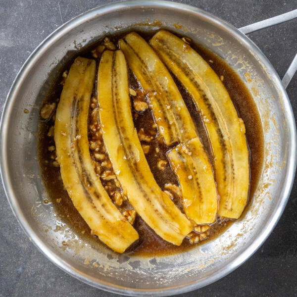 Classic Bananas Foster in a pan.