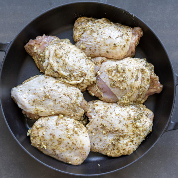 Baking pan with cooked Greek Lemon Chicken.