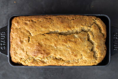 Baked banana bread in a loaf.