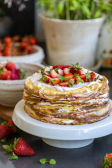 Cake stand with Strawberry Crepe Cake.