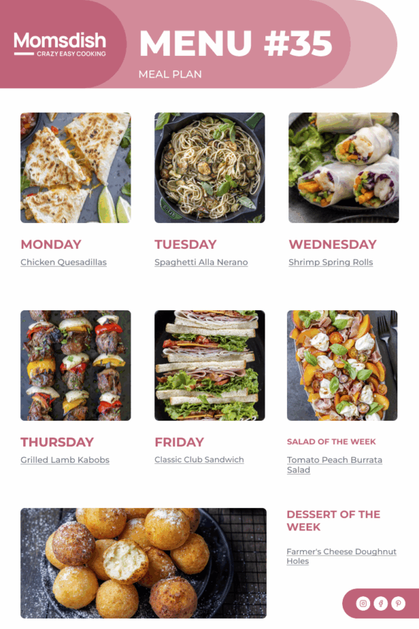 Weekly Menu items for all week.
