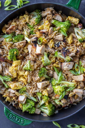 A pan with Chicken Fried Rice.