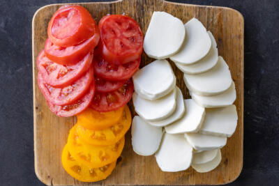 Sliced up Mozzarella and tomatoes.