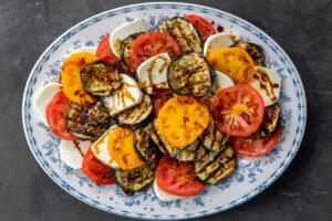 Tomatoes, eggplant, mozarella and oil with balsamic.