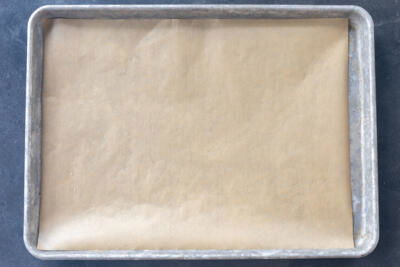 Lined baking sheet.