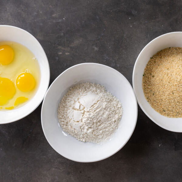 Flour, eggs and Italian crumbs.