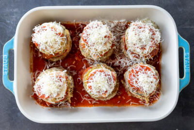 Eggplant Parmesan Prior to baking in a pan.