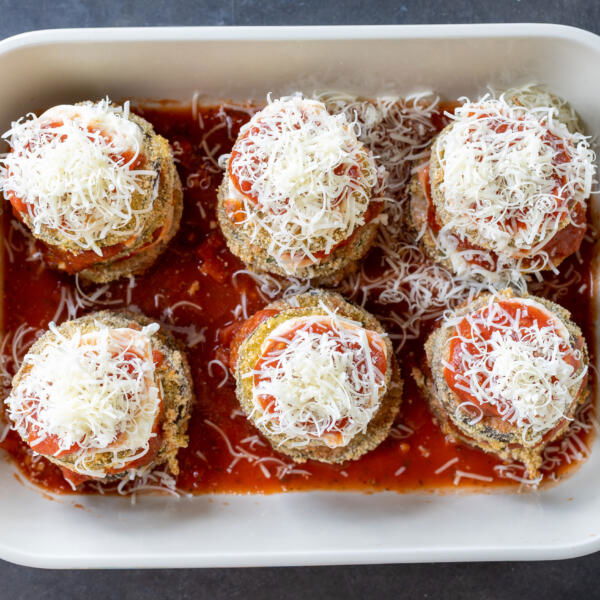 Eggplant Parmesan Prior to baking in a pan.