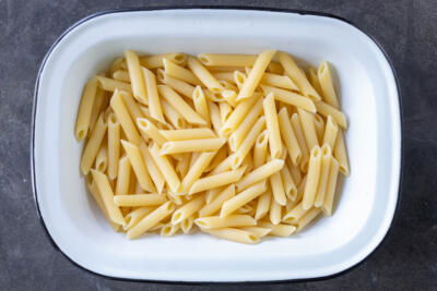 Cooked pasta in a bowl.