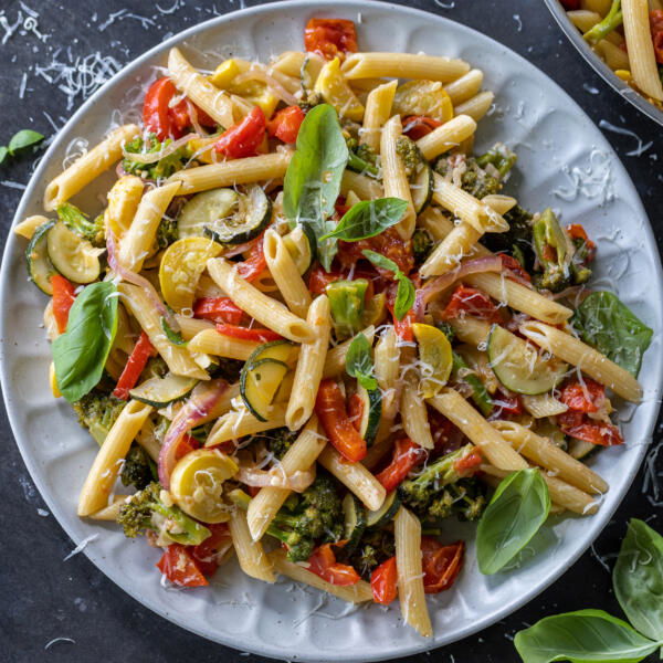 Plated Pasta Primavera.