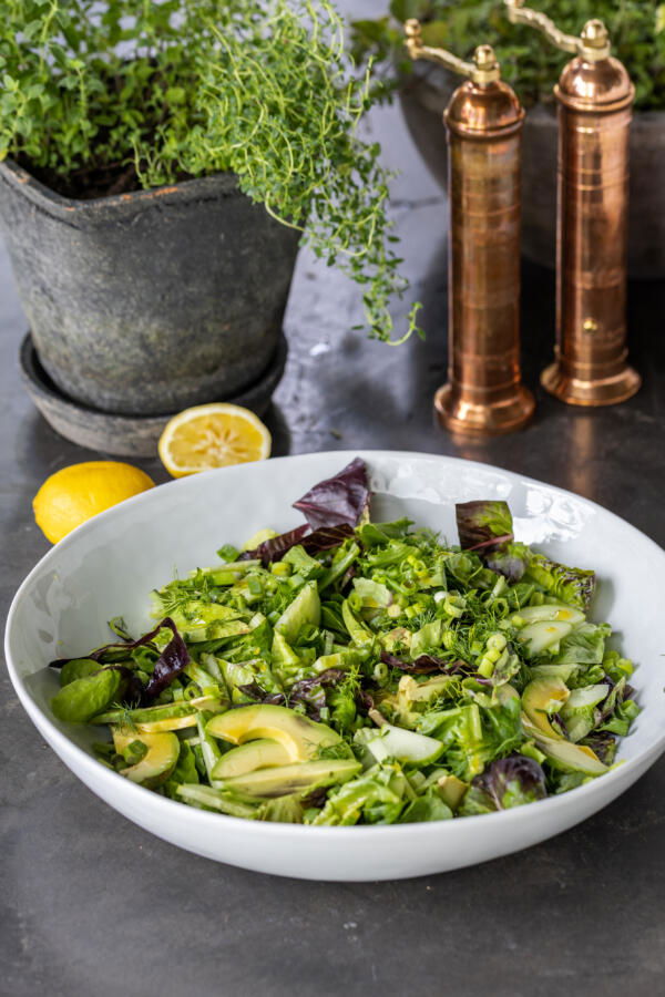 Green leafy salad with honey dijon dressing. 