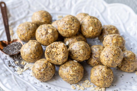 Peanut Butter Protein Balls on a tray.
