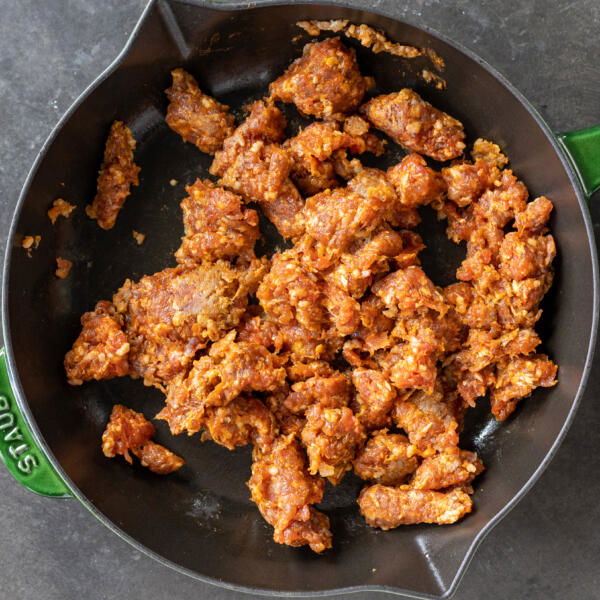 Chorizo in a skillet.